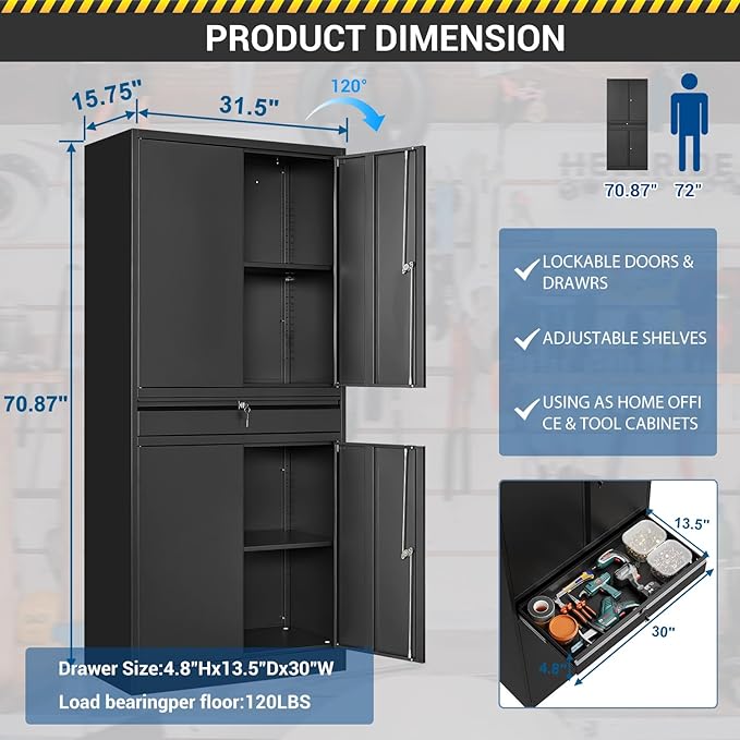 71" Metal Cabinet-Black Heavy Duty Storage File Cabinet Steel Tool Cabinets - Image 2