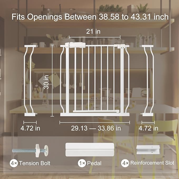Baby Gate for Stairs No Drill 38.58-43.31 Inch, Pressure Mounted Metal Child - Image 2