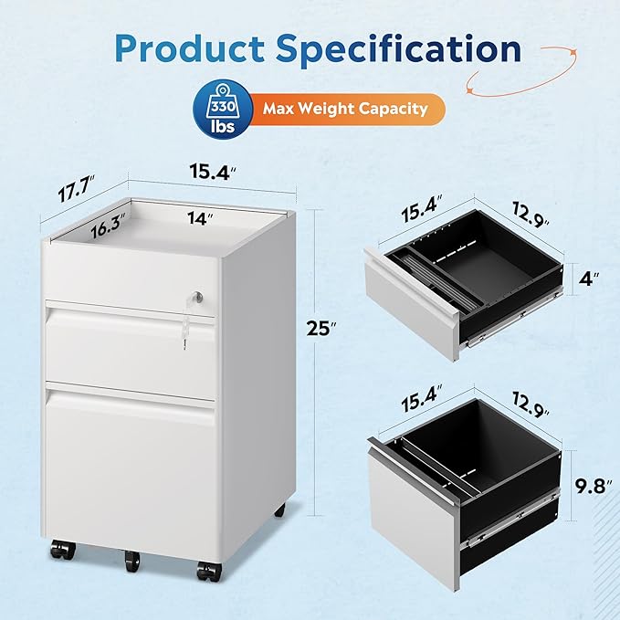 DEVAISE 2 Drawer File Cabinet, Metal Locking File Cabinet Under Desk, Rolling - Image 3