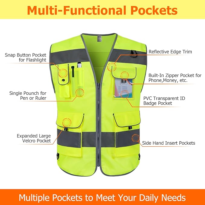 TCCFCCT Safety Vest for Men Women 9 Pockets High Visibility Reflective Vest for - Image 3