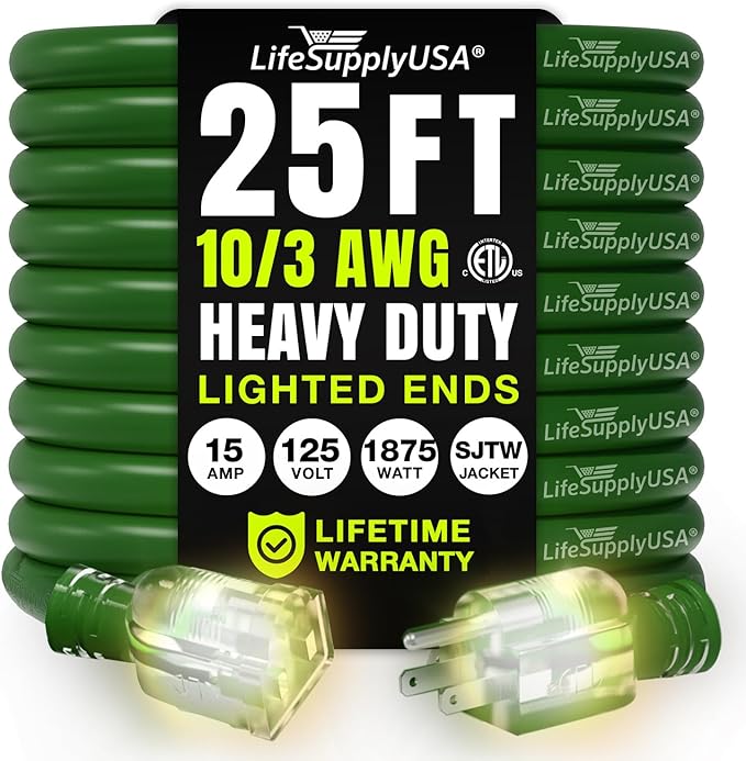 25ft Outdoor/Indoor Extension Cord 10/3 Gauge Ultra Heavy Duty 3 Prong SJTW by LifeSupplyUSA