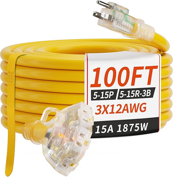100 FT 12/3 Gauge Outdoor Extension Cord by PlugSaf