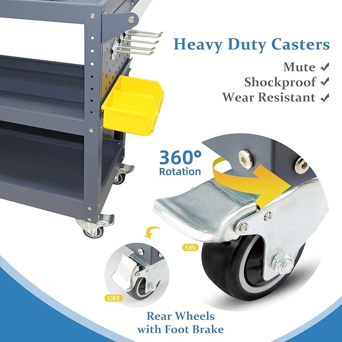 3 Tier Rolling Tool Cart with 6 Dividers, Mesh Panels & Screwdriver Shelf - Image 6