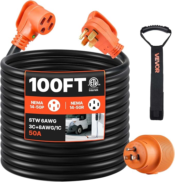 VEVOR 100 FT RV Extension Cord, 50 Amp, 125V 7500W Heavy Duty STW 6/3 + 8/1 by VEVOR