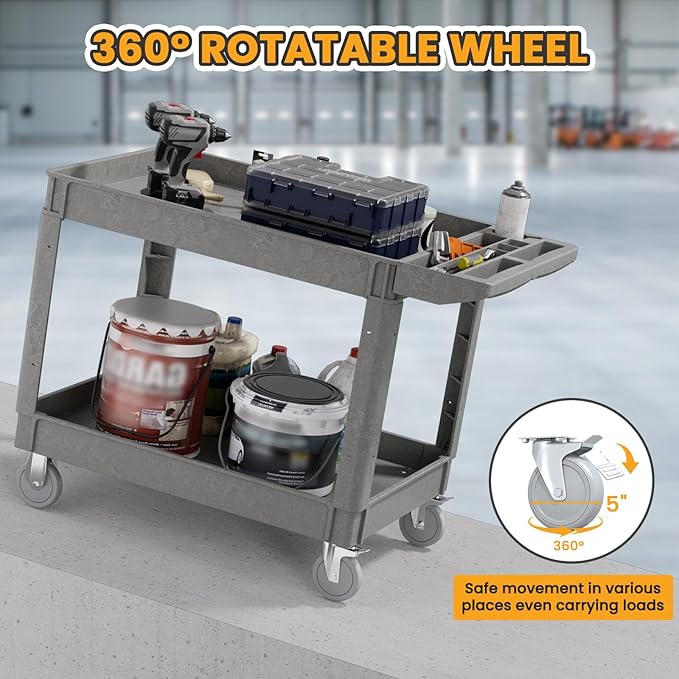 2-Tier Rolling Tool Cart, Heavy-Duty Plastic Service Cart - Image 3