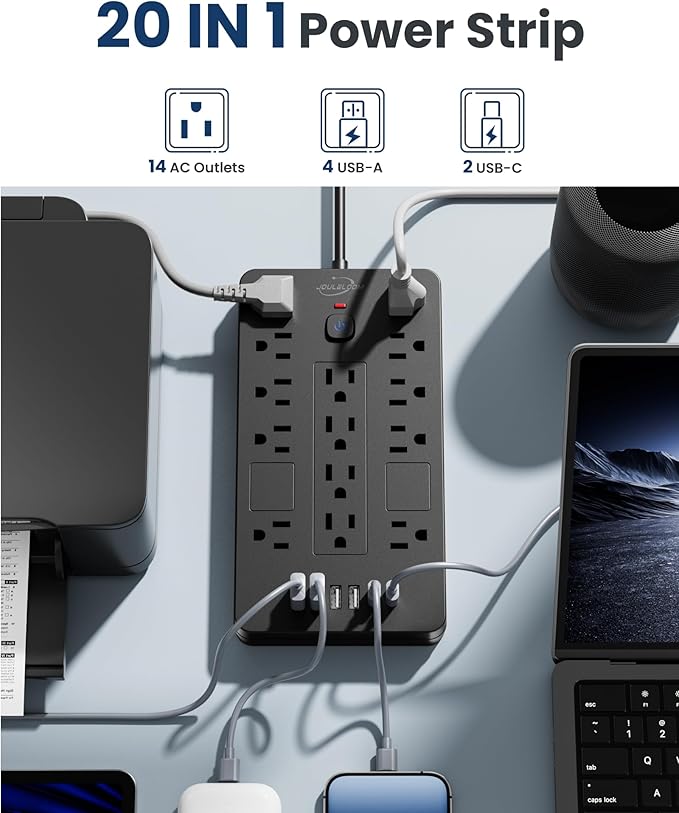 Surge Protector Power Strip-14 Outlets and 6 USB Ports, 6 Feet Flat Plug - Image 2