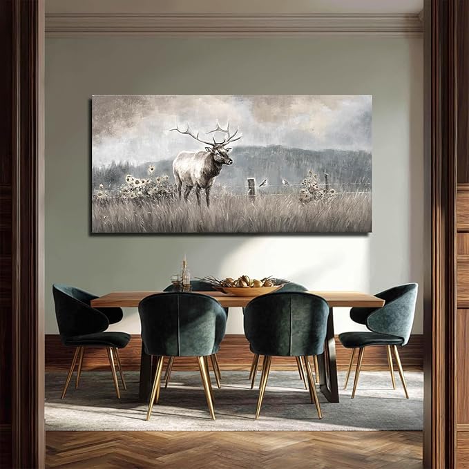 ZHENGYIN Extra Wide Panoramic Elk Canvas Wall Art, Western Deer Meadow - Image 3