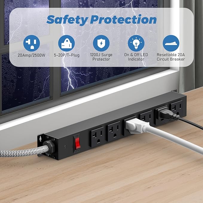 HEZI 20 Amp Power Strip with 5-20P/T- Plug, Heavy Duty High Amp Metal Surge - Image 4