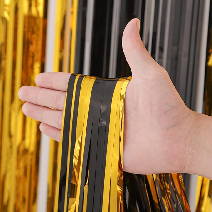 3 Pack 3.3x8.2 Feet Black and Gold Foil Fringe Backdrop Curtains, Tinsel - Image 2
