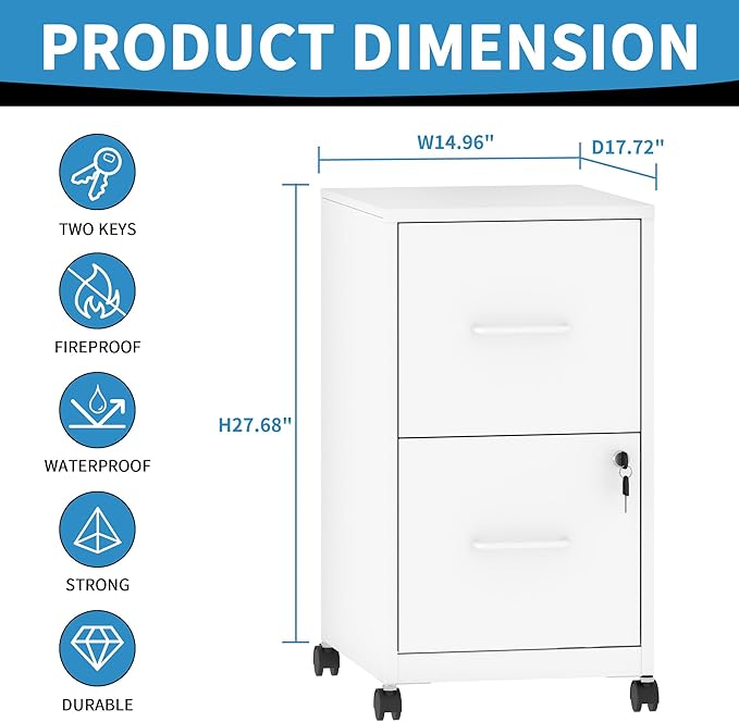 2 Drawer Mobile File Cabinet, Metal Under Desk Filing Cabinet - Image 3