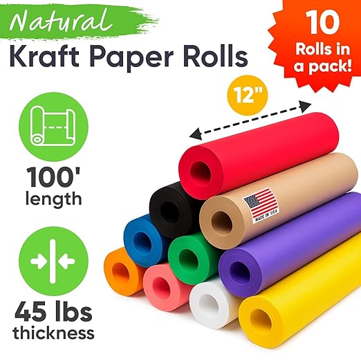 12" x 1200" Pack of 10 Rolls USA-Made Multi-Color Kraft Paper Rolls, 45 lbs/66 - Image 2