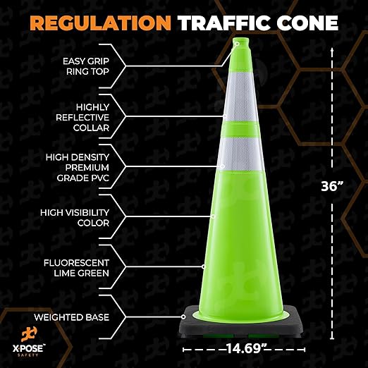 Xpose Safety 36” Lime Green Traffic Cone Dual 6" & 4" Reflective Collar – 48 - Image 3