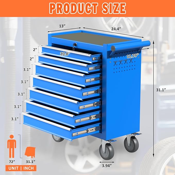 7 Drawers Large Capacity Rolling Tool Chest, Metal Tool Box - Image 3