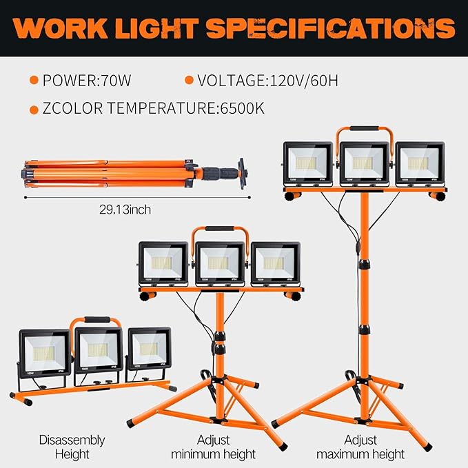 21000 Lumen Work Lights with Stand, 3 Adjustable Head LED Work Light, with - Image 4