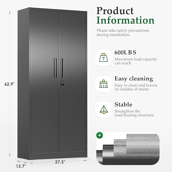Crownland 63" Metal Storage Cabinet, Lockable Garage Storage Cabinets, High - Image 3
