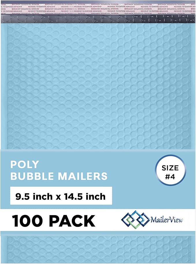 Light Blue Large Poly Bubble Mailers 9.5x14.5 inch #4 | Self Seal Padded by MAILERVIEW