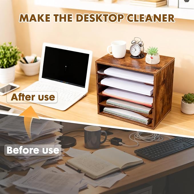 EMERIT Paper Organzier Wood Desktop Organizer Storage Letter Tray File Sorter - Image 4