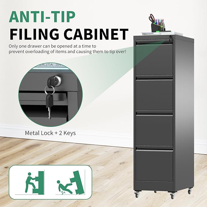 4 Drawer Mobile File Cabinet, Under Desk File Cabinet, Metal Filing Cabinets - Image 4