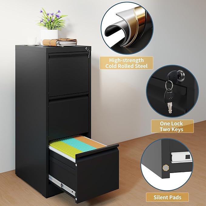 3 Drawer File Cabinet with Lock, Vertical Filing Cabinets - Image 4