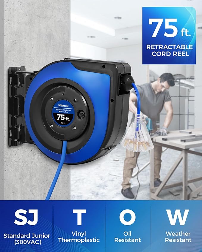 Retractable Cord Reel, 75 FT Heavy Duty Extension Cord, 14AWG/3C SJTOW - Image 2