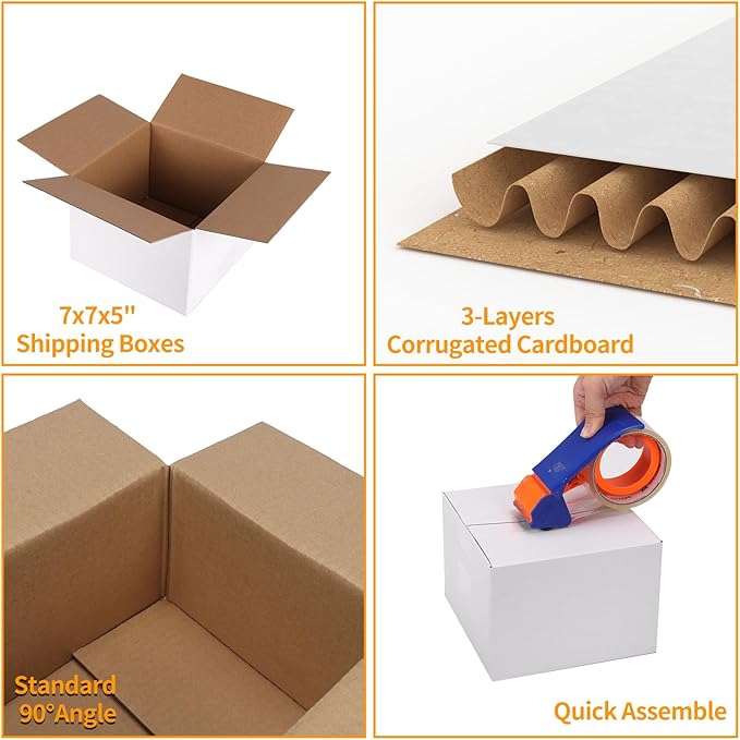 PETAFLOP Shipping Boxes 7x7x5 White Cardboard Box Kraft Corrugated Small - Image 6