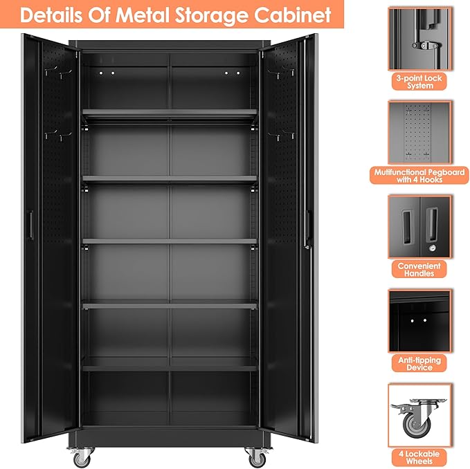 Garage Storage Cabinet with Wheels & Pegboard, Lockable Metal Storage Cabinet - Image 4