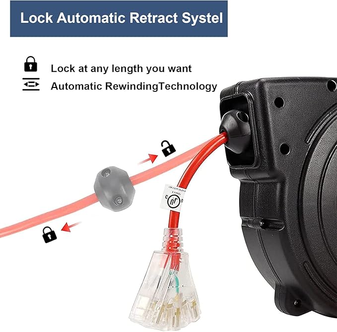 Retractable Extension Cord Reel, 65 Feet 12 AWG/3C SJTOW Heavy Duty Power Cord - Image 3