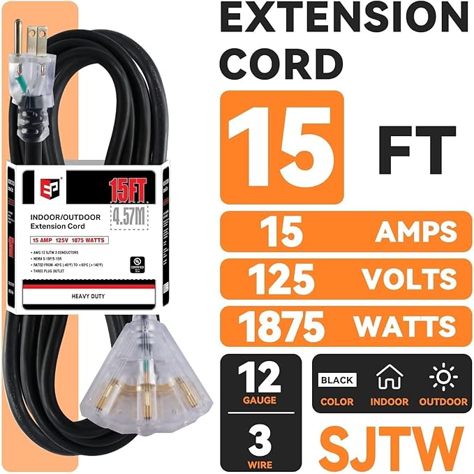 EP 15 Ft 12 Gauge Heavy Duty Extension Cord, 15A 125V 1875W, 3 Outlet - Image 2