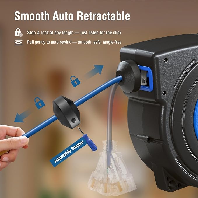 SURAIELEC 50FT Retractable Extension Cord Reel, 14AWG/3C SJTOW Heavy Duty Power - Image 4