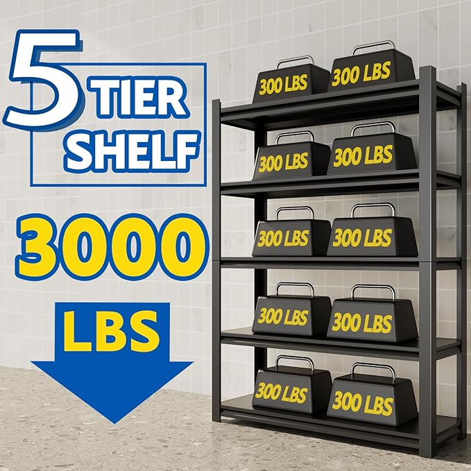 72''H Garage Shelving Heavy Duty, 3000LBS Storage Shelves, 5-Tier Adjustable - Image 3