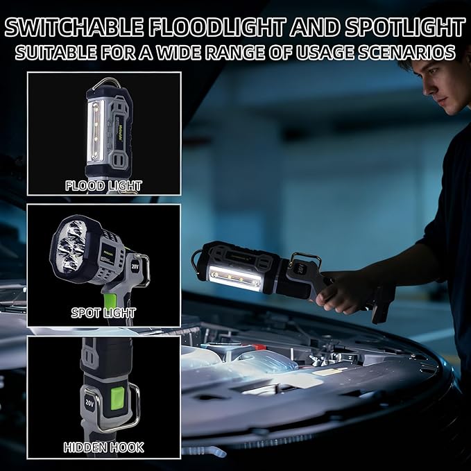 20W Cordless LED Work Light, Switchable Spotlight and Floodlight - Image 5