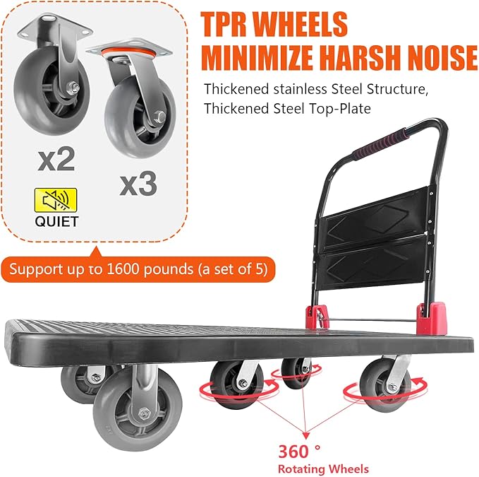 Platform Truck, Foldable Push Cart Dolly w/Five 360 Swivel 6'' Wheels, 1600LBS - Image 2