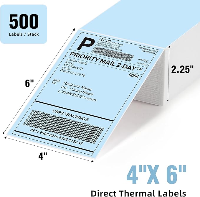 4"x6" Blue Direct Thermal Labels, 500 Fanfold Shipping & Address Label Paper - Image 2