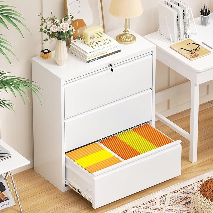 INTERGREAT 3-Drawer White File Cabinet, Locking Metal Lateral Filing Cabinets by INTERGREAT