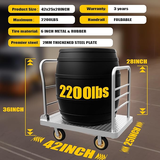2IN1 42"×25" Platform Truck Cart 2200lbs Heavy Duty Flatbed Cart Dolly - Image 3