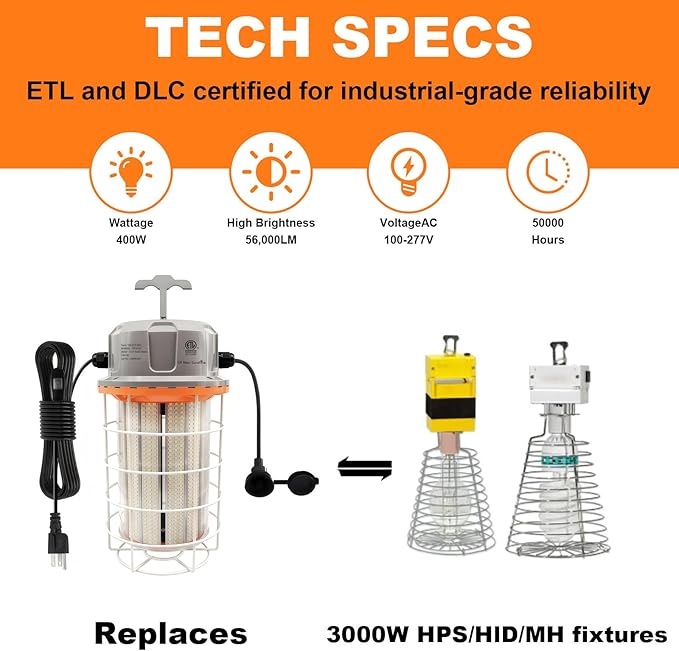 400W Construction Light, 56000lm LED Temporary Work Light, 5000K Daylight White - Image 2