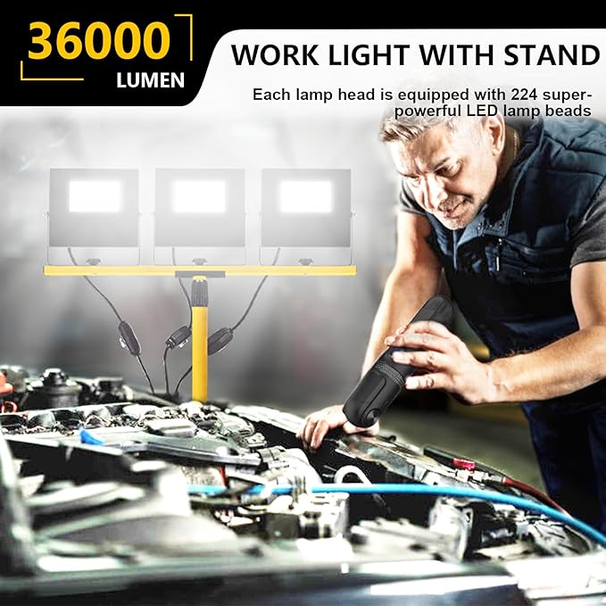 36000 Lumen Work Lights with Stand, 3 Adjustable Head LED Work Light with - Image 2