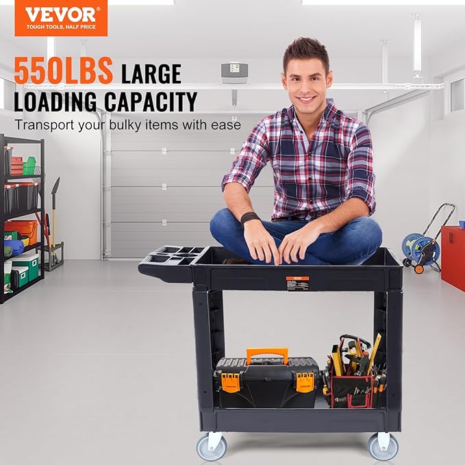VEVOR Utility Service Cart, 2 Shelf 550LBS Heavy Duty Plastic Rolling Utility - Image 2