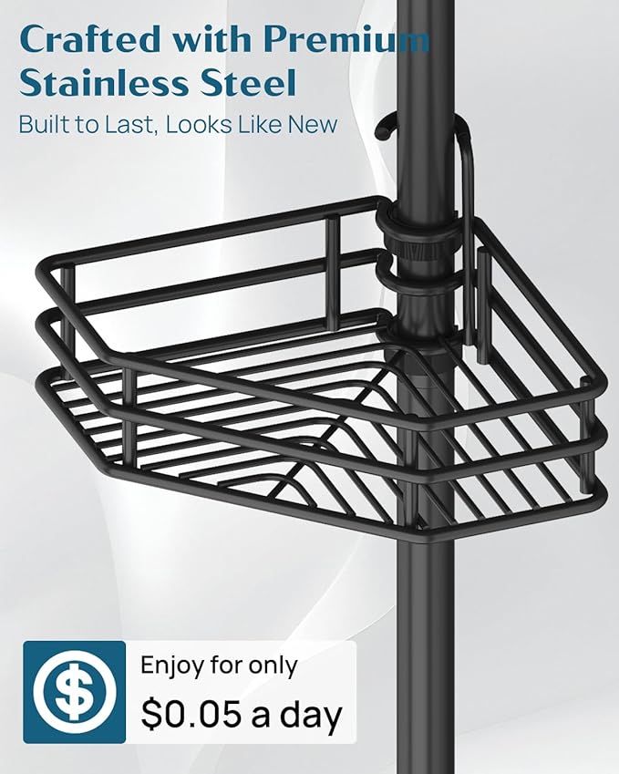 SEIRIONE Corner Shower Caddy Tension Pole, Quick Setup, Rust-Free Bathroom - Image 3