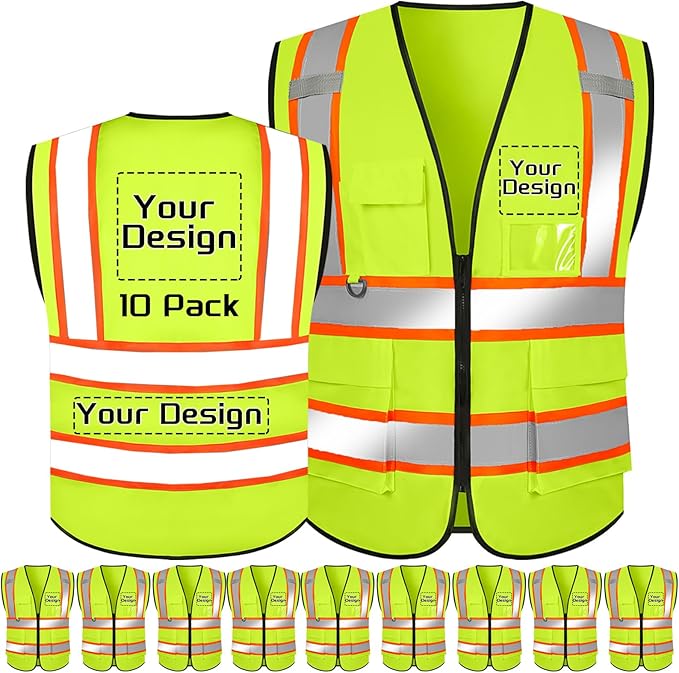 Custom Safety Vest with Logo Pockets High Visibility Reflective Vests by CustomTok