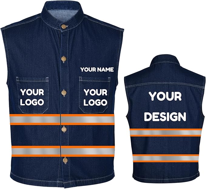 YOWESHOP Men's Reflective Safety Denim Vest，Custom Safety Outdoor Denim Work by YOWESHOP