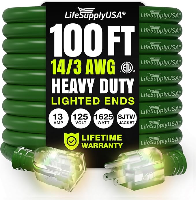 100ft Outdoor/Indoor Extension Cord 14/3 Gauge Heavy Duty 3 Prong SJTW by LifeSupplyUSA