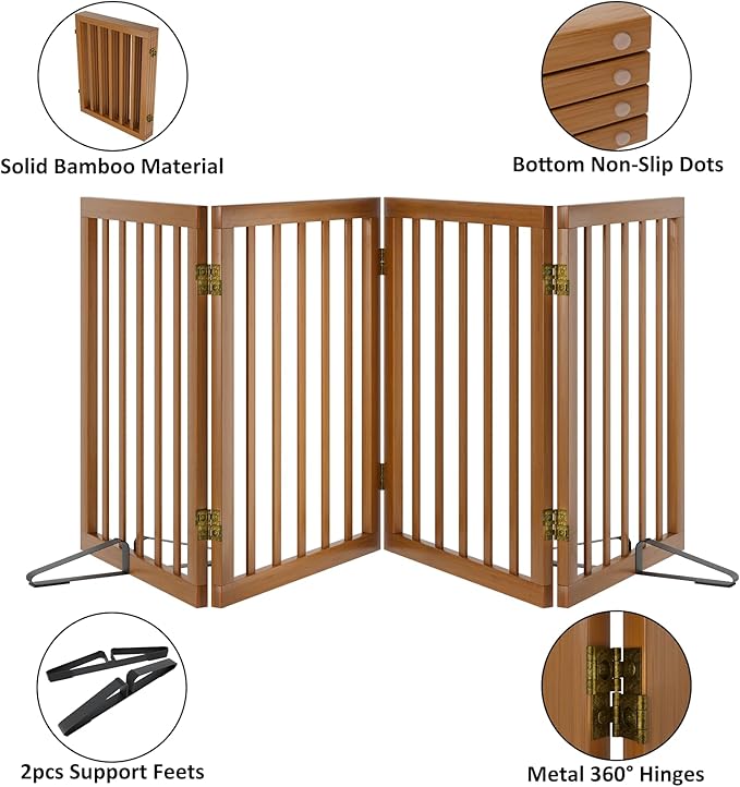 Freestanding Pet Gate Foldable 4 Panel Dog Gate Walnut Dog Gates - Image 4