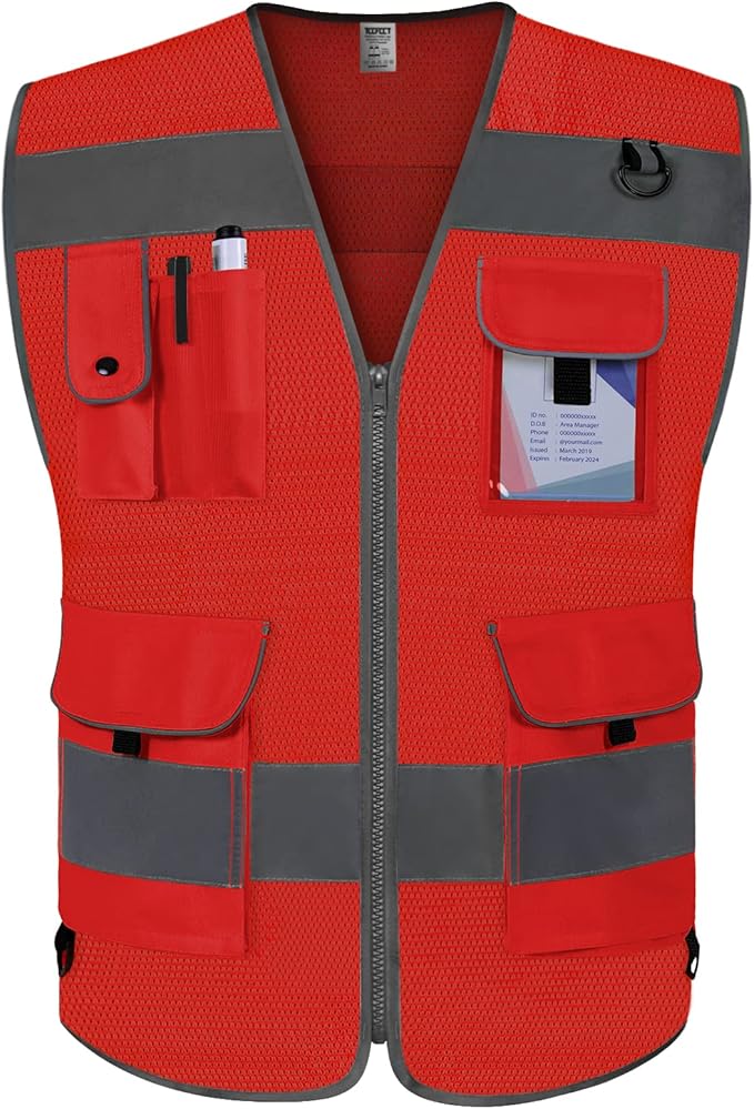 TCCFCCT Red Safety Vest for Men Women 9 Pockets Mesh High Visibility Reflective by TCCFCCTPROFESSIONALSAFETYSOLUTIONS