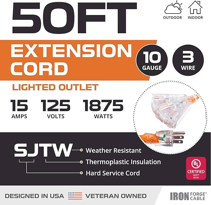 Iron Forge Cable 10 Gauge 50ft Lighted Outdoor Heavy Duty Extension Cord - 15 - Image 2
