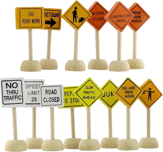 Attatoy Toy Wooden Road Construction Traffic Sign Set; Street Signs Small Toy by Attatoy