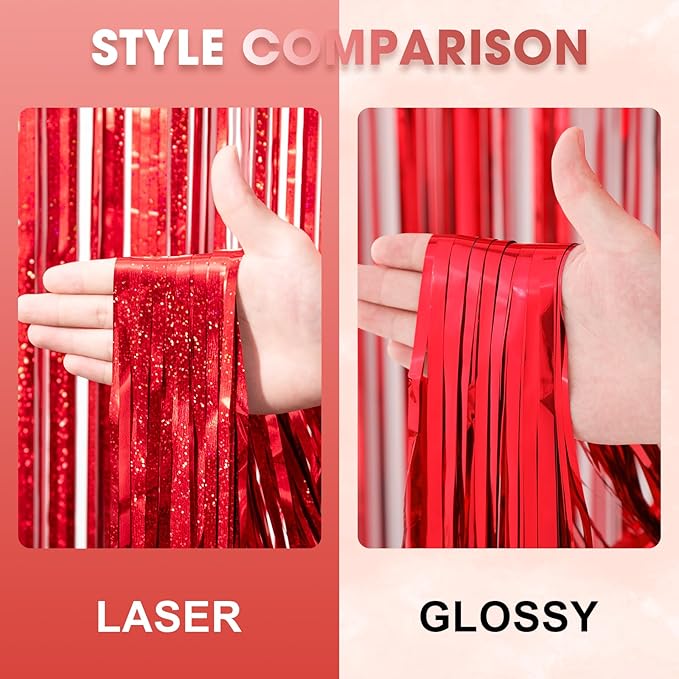 3 Pack 3.3 x 8.2 ft Laser Red Foil Fringe Backdrop Curtains, Tinsel Streamers - Image 3
