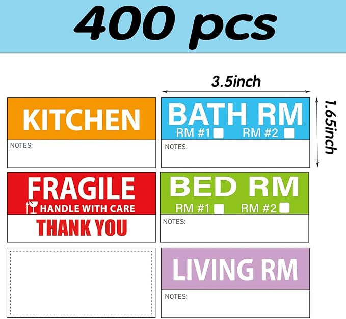 400 Pcs 1.65 x 3.5 Inches Large Home Moving Packing Box Labels, 6-Color Coded - Image 2
