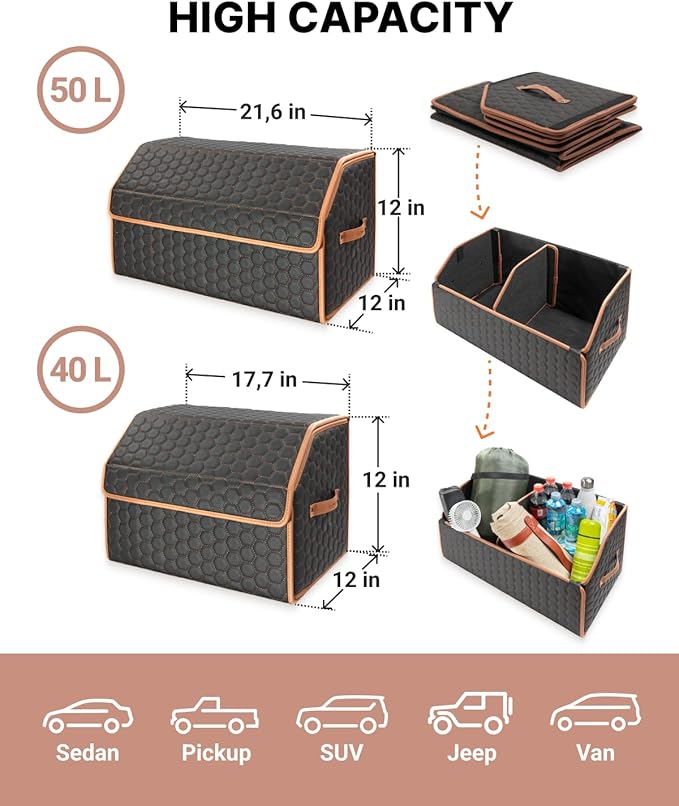 Owleys Rear Cargo Organizer For SUV | Set Of 17.7" & 21.6" Eco-Leather Crates | - Image 5