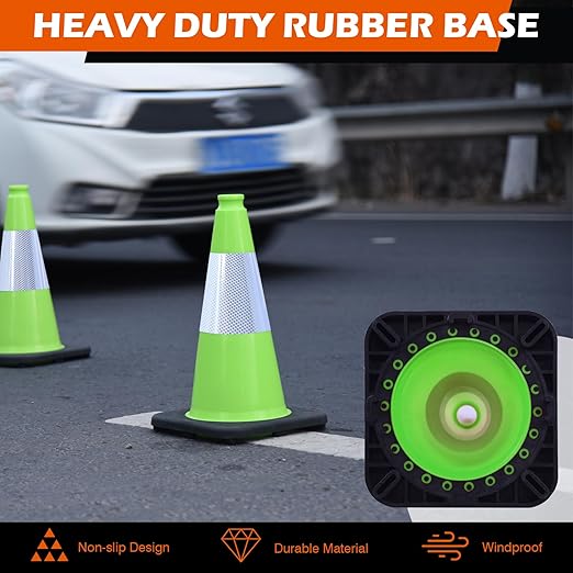 6 Pack 18 Inch Green Reflective Traffic Cones, Durable Black Base Safety Cones - Image 5